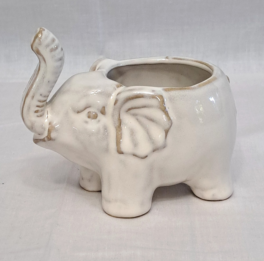 Boho Whitewashed Stoneware Elephant Planter Pot Succulent Catch Pot 4.5"Tx5"L