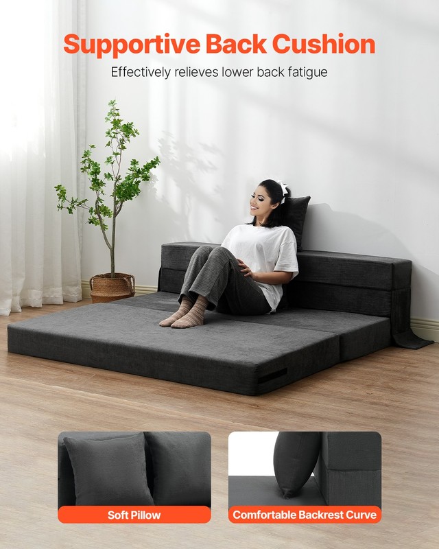 VEVOR Folding Sofa Bed 3-in-1 Foldable Couch Bed with 2 Pillows Dark Grey Queen gallery