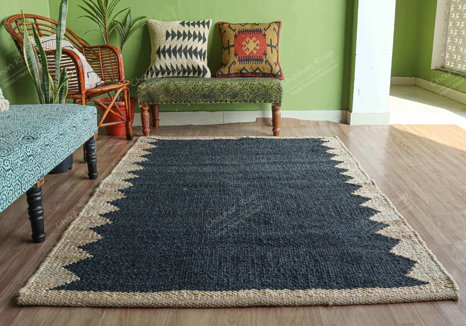 Indian Hemp Rectangle Jute Ru, Black With Beige Border Rug Vintage Rug Décor Rug gallery