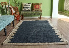 Indian Hemp Rectangle Jute Ru, Black With Beige Border Rug Vintage Rug Décor Rug
