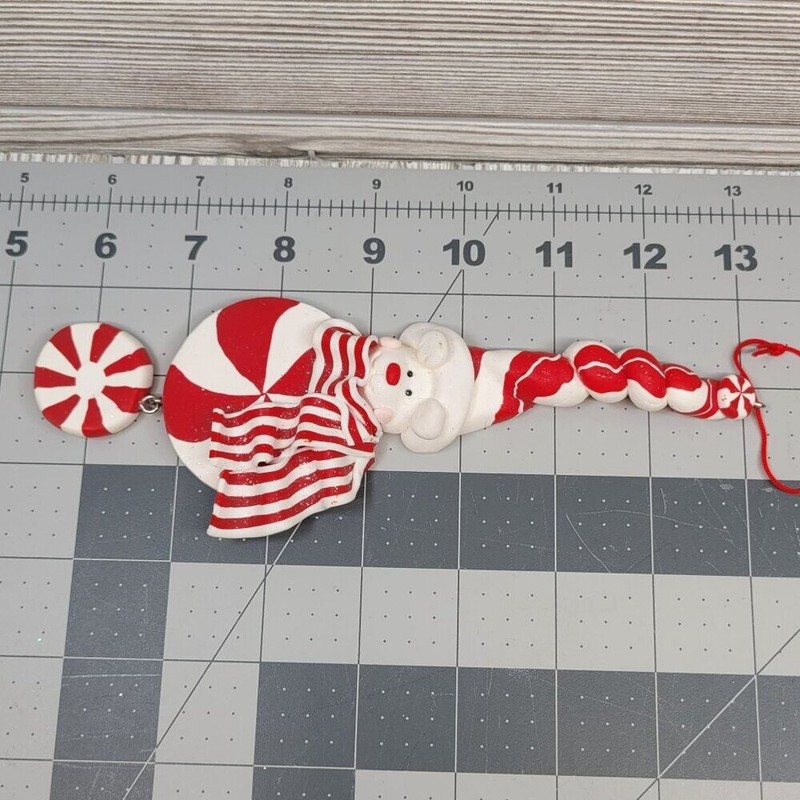 3 Christmas Tree Ornaments Peppermint Candy Swirl Santa Snowman Polymer Clay Vtg gallery