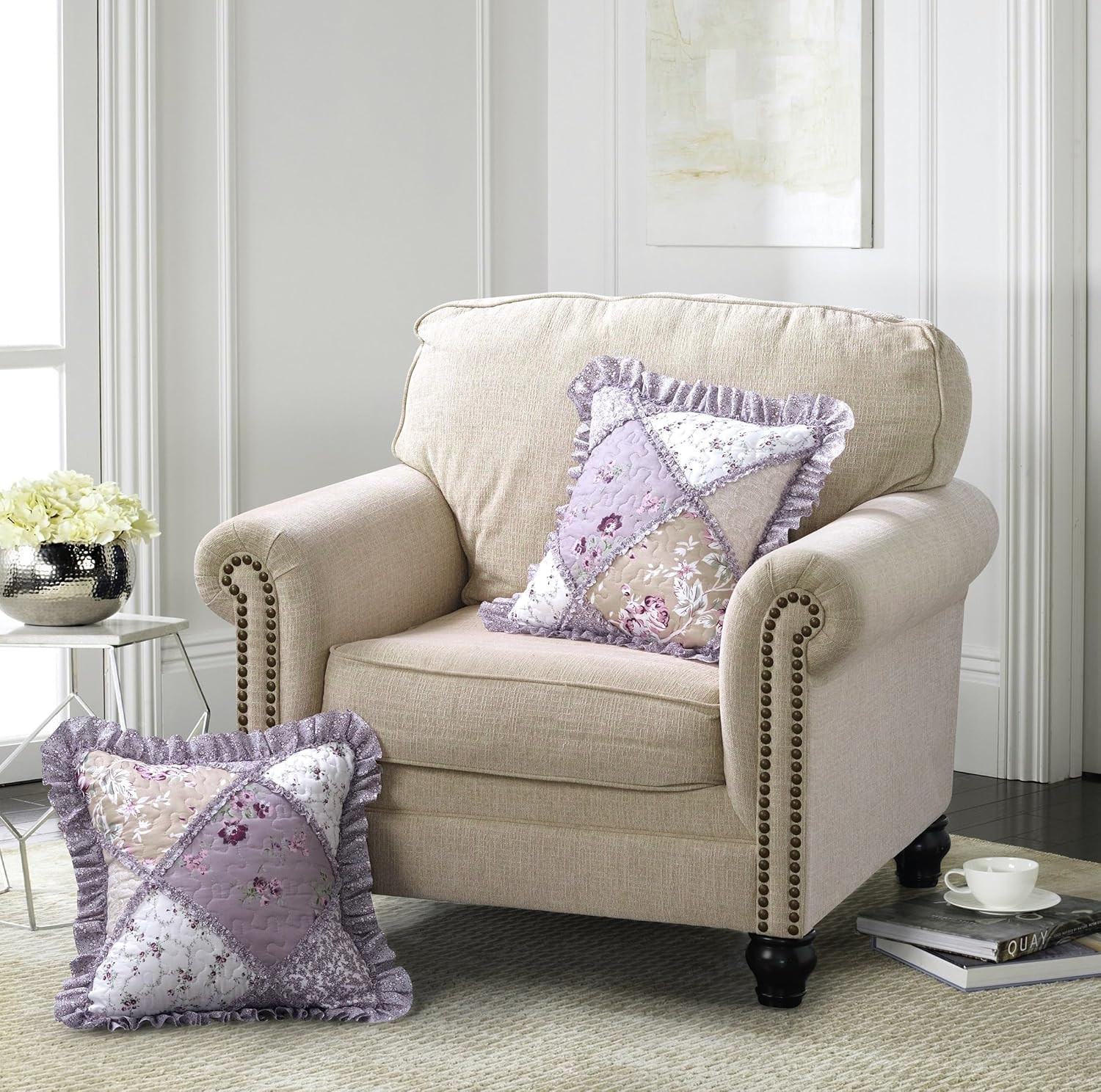 Lilac and Beige Rose Patchwork Ruffle Pillowshams, Quilted Decorative Pillow Cov gallery