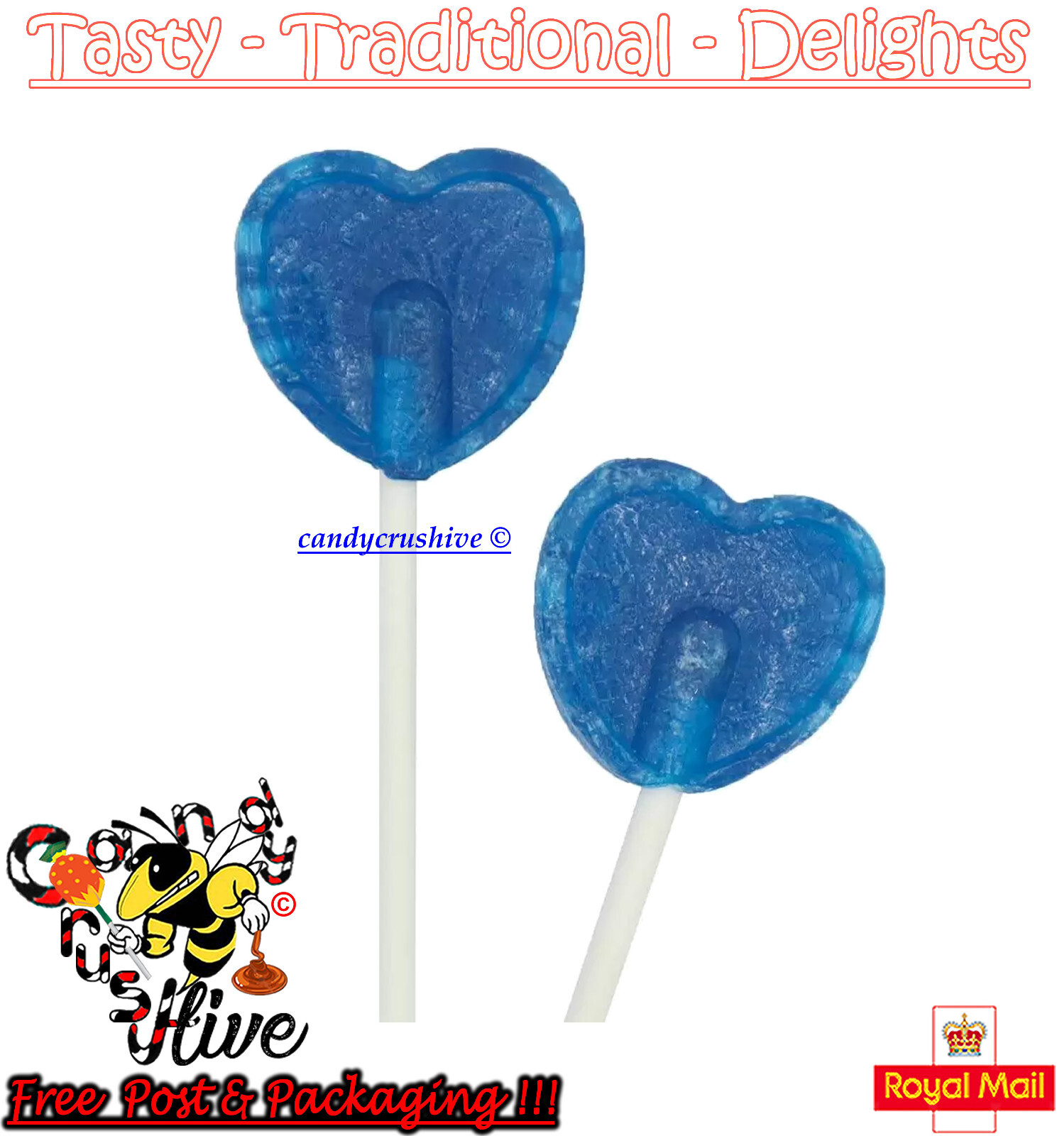 10 - 100 Blue Raspberry Heart Shaped Lollies Valentines Party Bag Fillers Weddin gallery