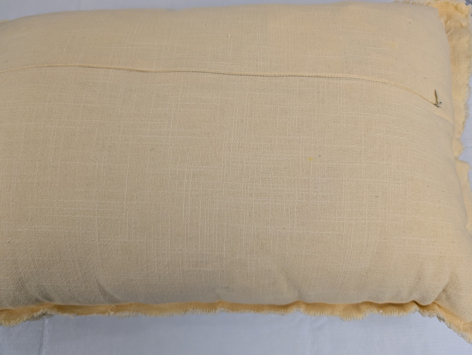 Yellow Linen Throw Pillow with Needle Punch Bunnies Pom Tails 24"x15"5 gallery