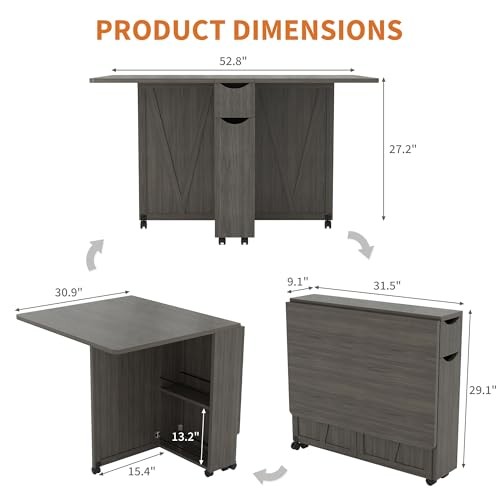 Folding Dining Table with Storage, Folding Kitchen Table with 6 Wheels, Grey gallery