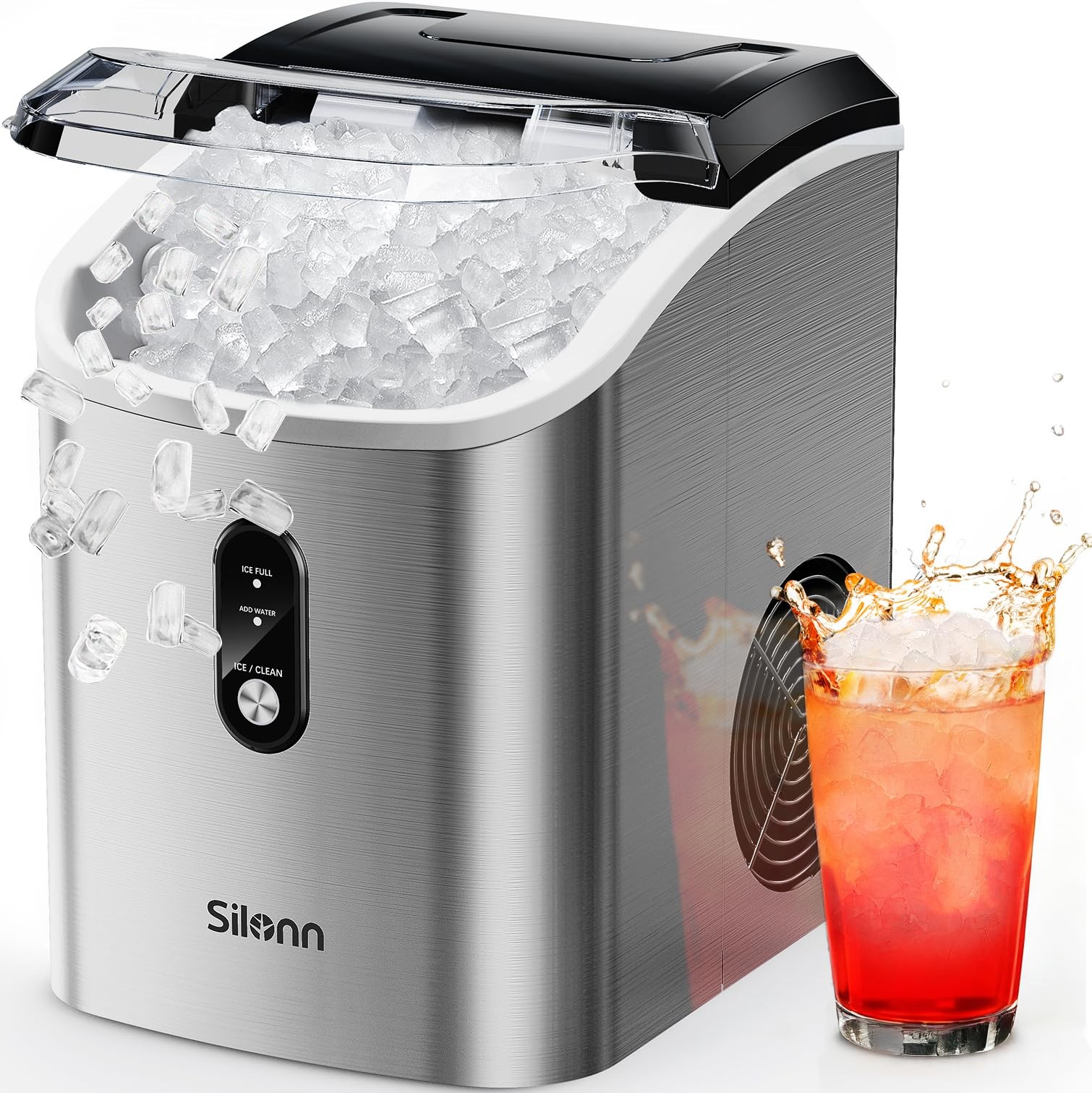 Nugget Ice Maker Countertop 33lbs Pellet Sonic Stainless Steel SLIM17T Silonn gallery
