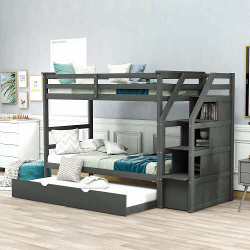 Solid Wood Bunk Bed with Trundle Platform Bed Frames Daybed For Home School Dorm gallery