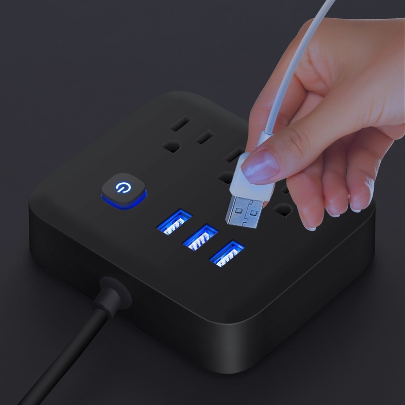 Flat Plug Power Strip with 3AC Outlets & 3 USB Port Protector Extension Cord 4FT gallery