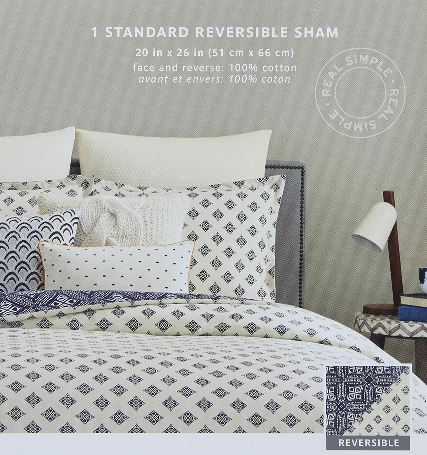 Real Simple Luna Standard Reversible Pillow Sham in Navy/Cream, NEW gallery