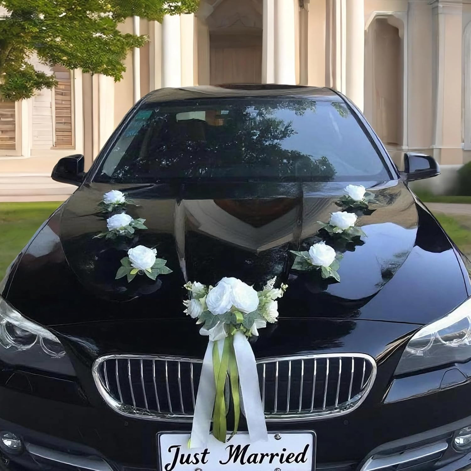Elegant Wedding Car Decoration Set with White Flowers and Ribbon Bow gallery