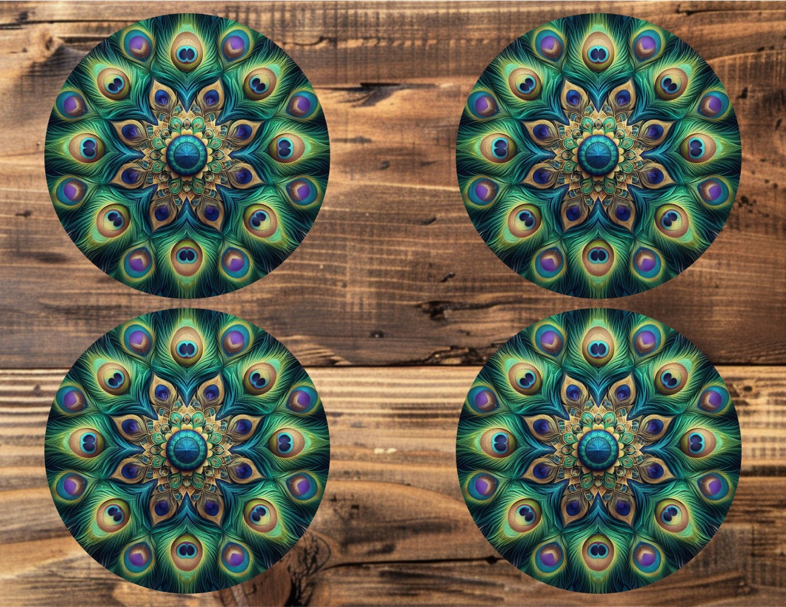 PEACOCK MANDALA STYLE 4 INCH ROUND COASTERS SET OF 4 NEOPERNE gallery