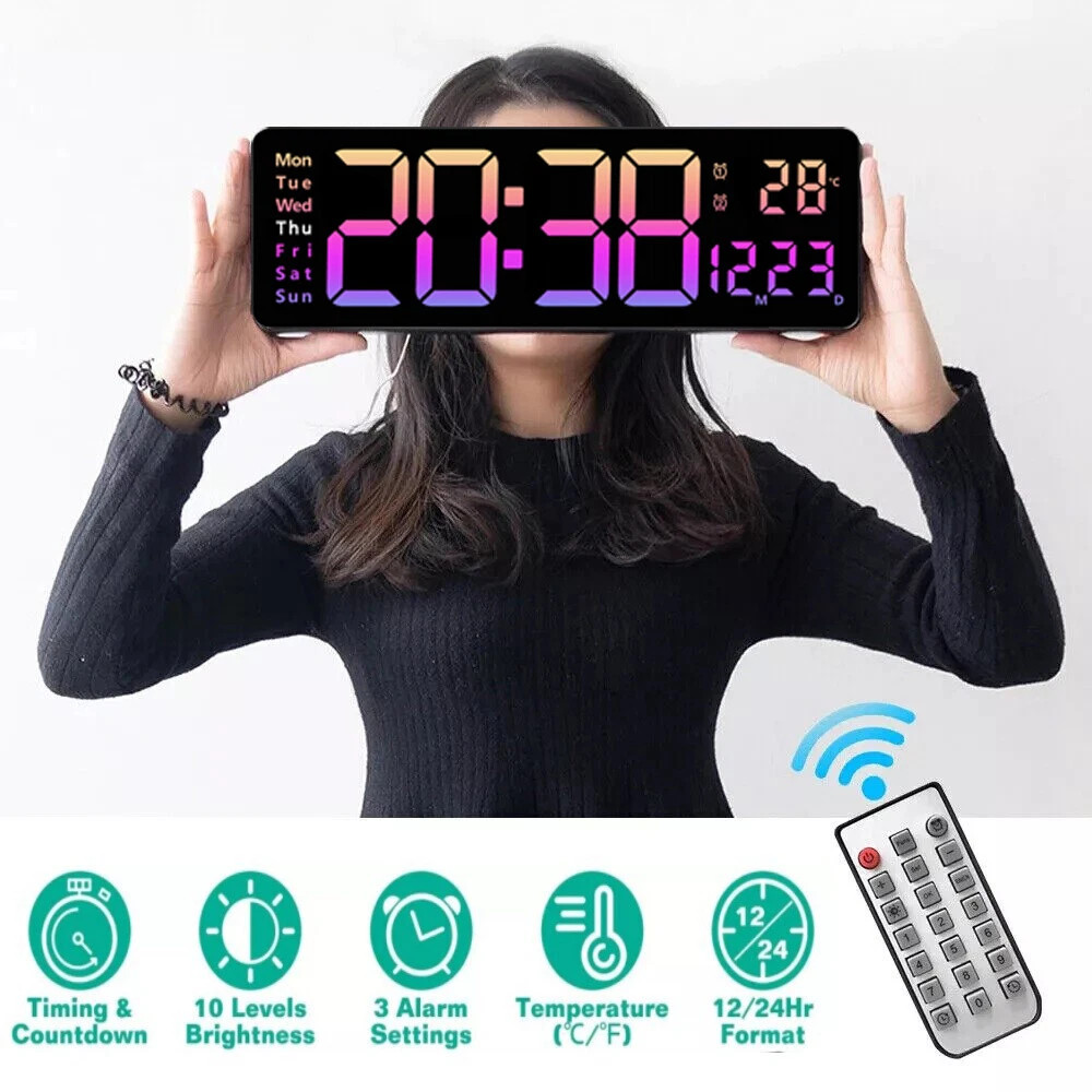 16"Large LED Screen Dispaly Digital Wall Clock W/Remote Control Temperature Date gallery