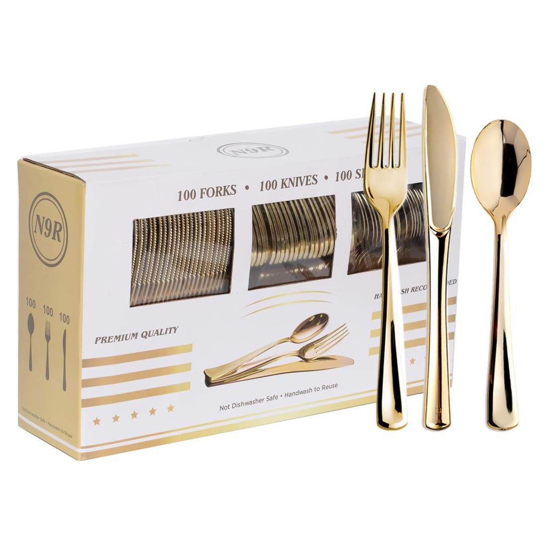 N9R 300Pcs Gold Plastic Silverware Heavy Duty Gold Plastic Cutlery Set gallery
