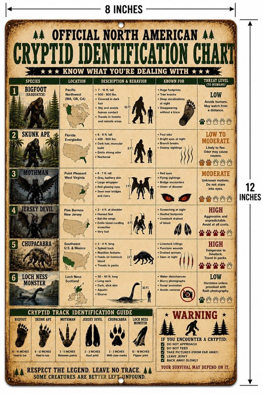 Funny Cryptid Identification Chart 8x12 Metal Sign Bigfoot Mothman Chupacabra gallery