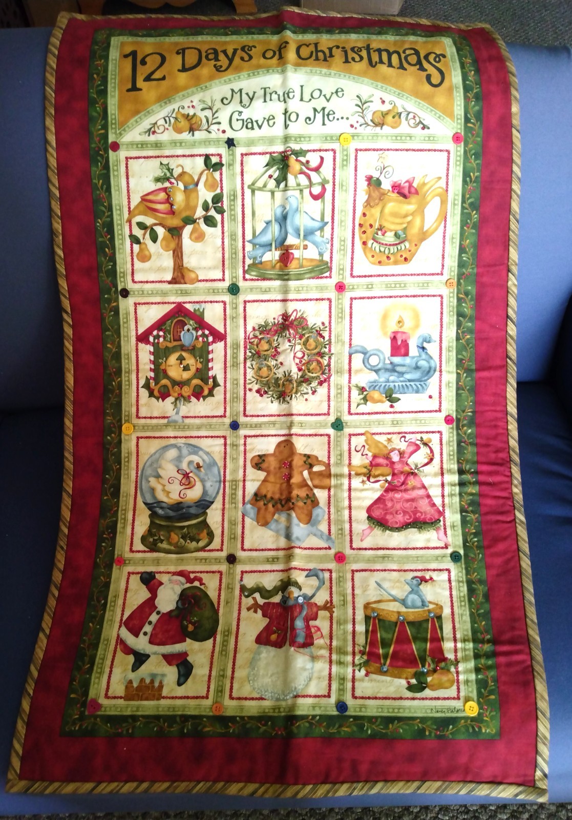 Completed fabric panel ~ 12 DAYS OF CHRISTMAS wall hanging ~ 23½ x 41 inches gallery