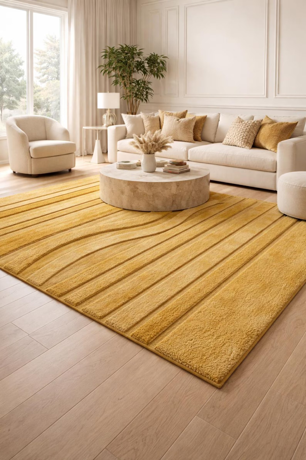Hand Tufted Wool Area Rug, Modern Abstract Mustard Yellow High Low Pile Rug 8x10 gallery