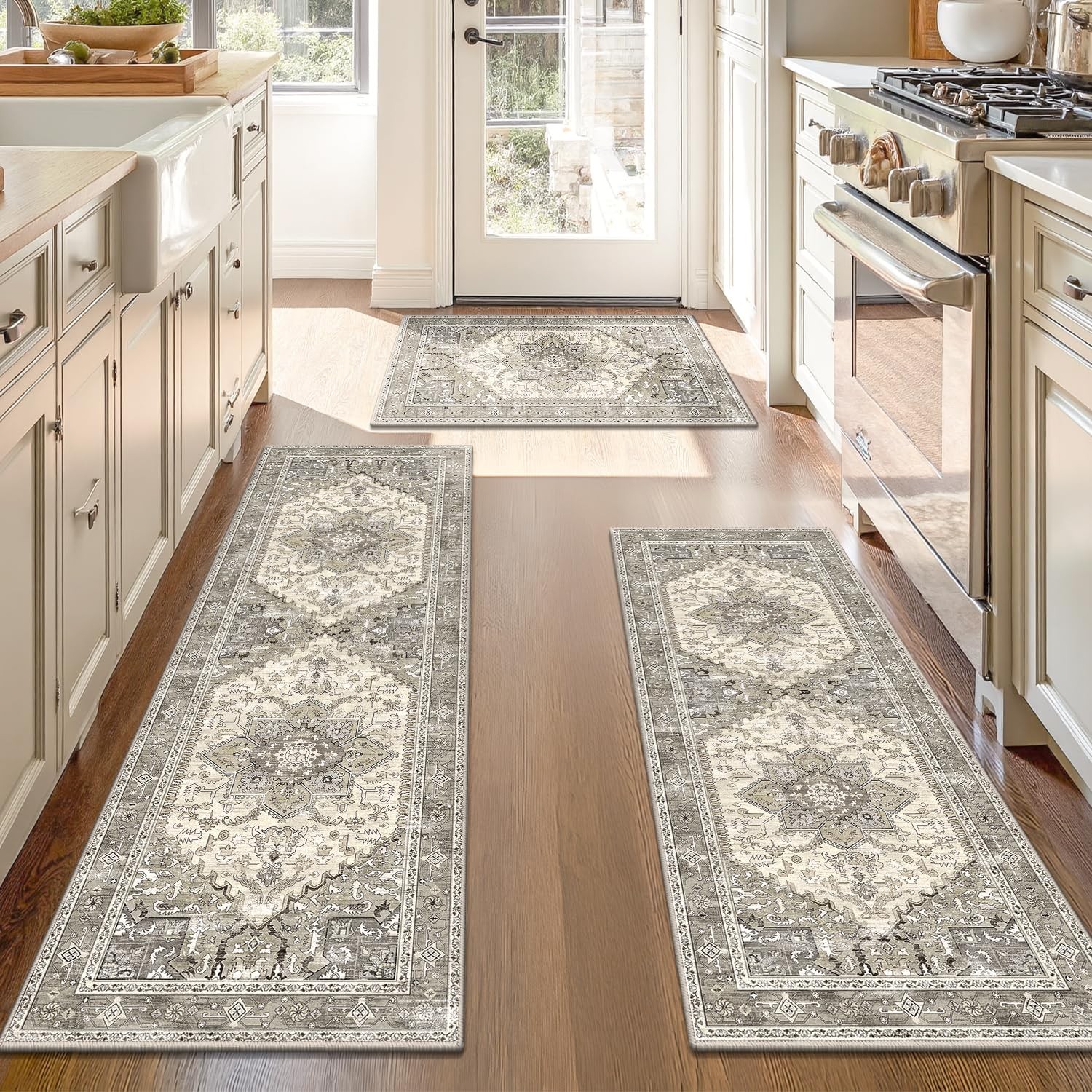 Yamaziot Boho Washable Kitchen Rugs 20"x32"+20"x47"+20"x59", Beige Brown/Grey gallery