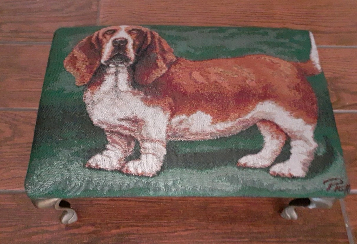 Needlepoint Footstool Bassett Hound Dog Brass Legs Very Rare Signed Mint Work. gallery