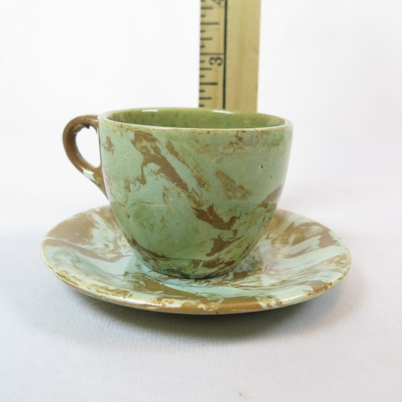 Earthenware Espresso Cup Extra Saucers Aqua & Brown Marbling VTG Arts Handmade gallery