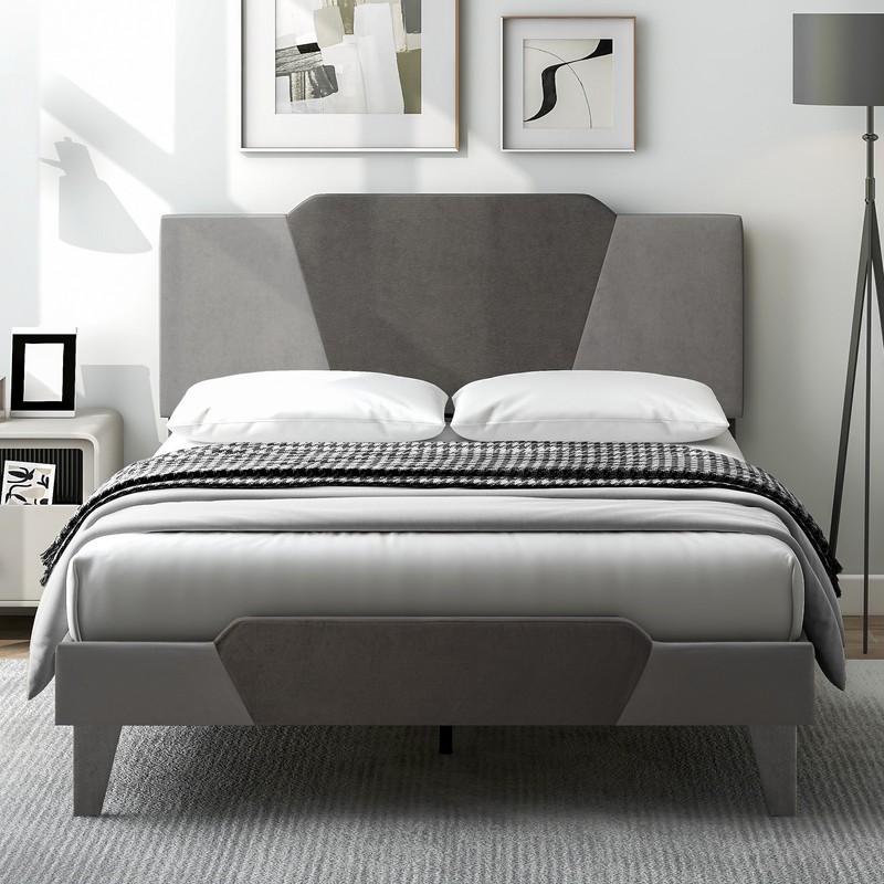 Full Size Upholstered Platform Bed Frame Velvet Headboard Mattress Foundation gallery