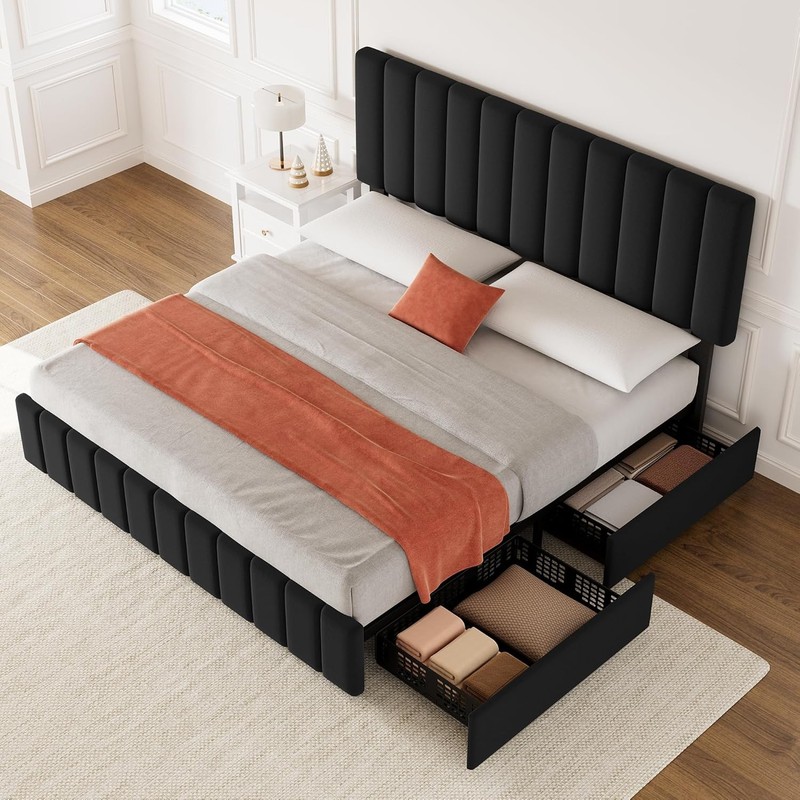 Queen Size Bed Frame with 4 Storage Drawers and Headboard Upholstered Platform gallery