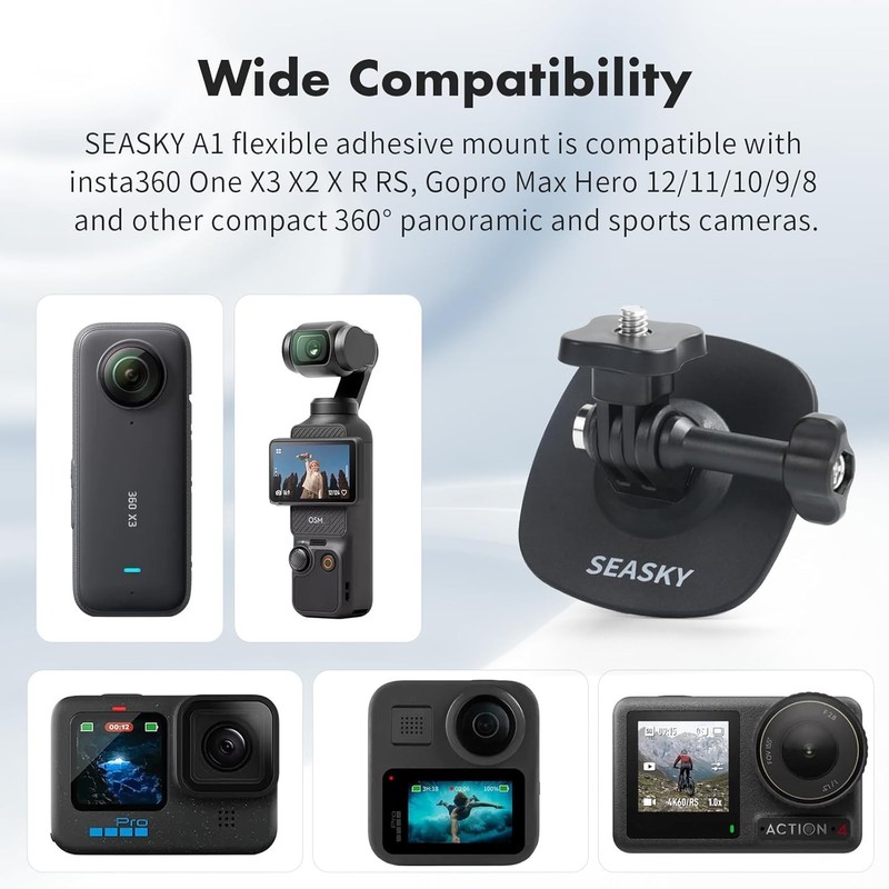 SEASKY [2Pack A1 Flexible Adhesive Mount Kit Helmet Base for Insta360 X4 X3 X2 gallery