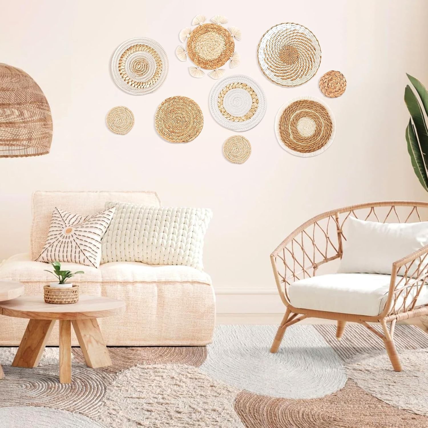 9PCS Boho Wall Baskets Set, Seagrass Rattan Wicker Basket Set, Round Handmade gallery