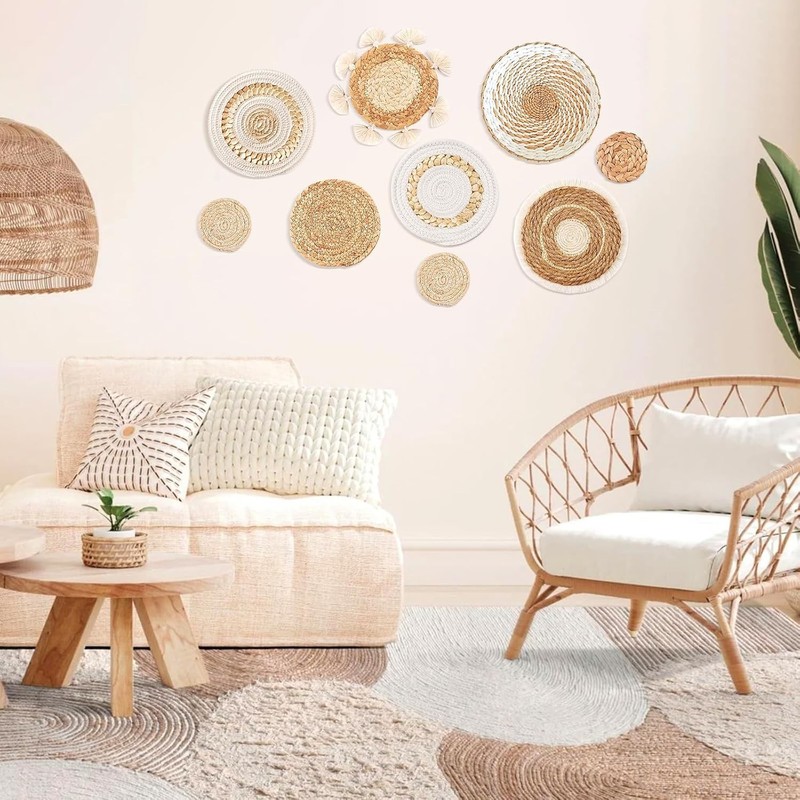 9PCS Boho Wall Baskets Set, Seagrass Rattan Wicker Basket Set, Round Handmade gallery