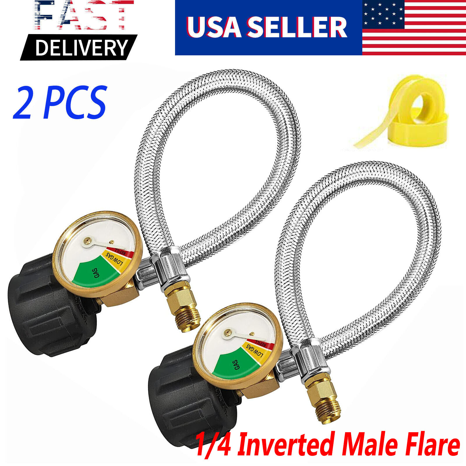 2 Pack 15 inch Stainless RV Propane Hose with Gauge QCC1/ Type 1 Connection gallery
