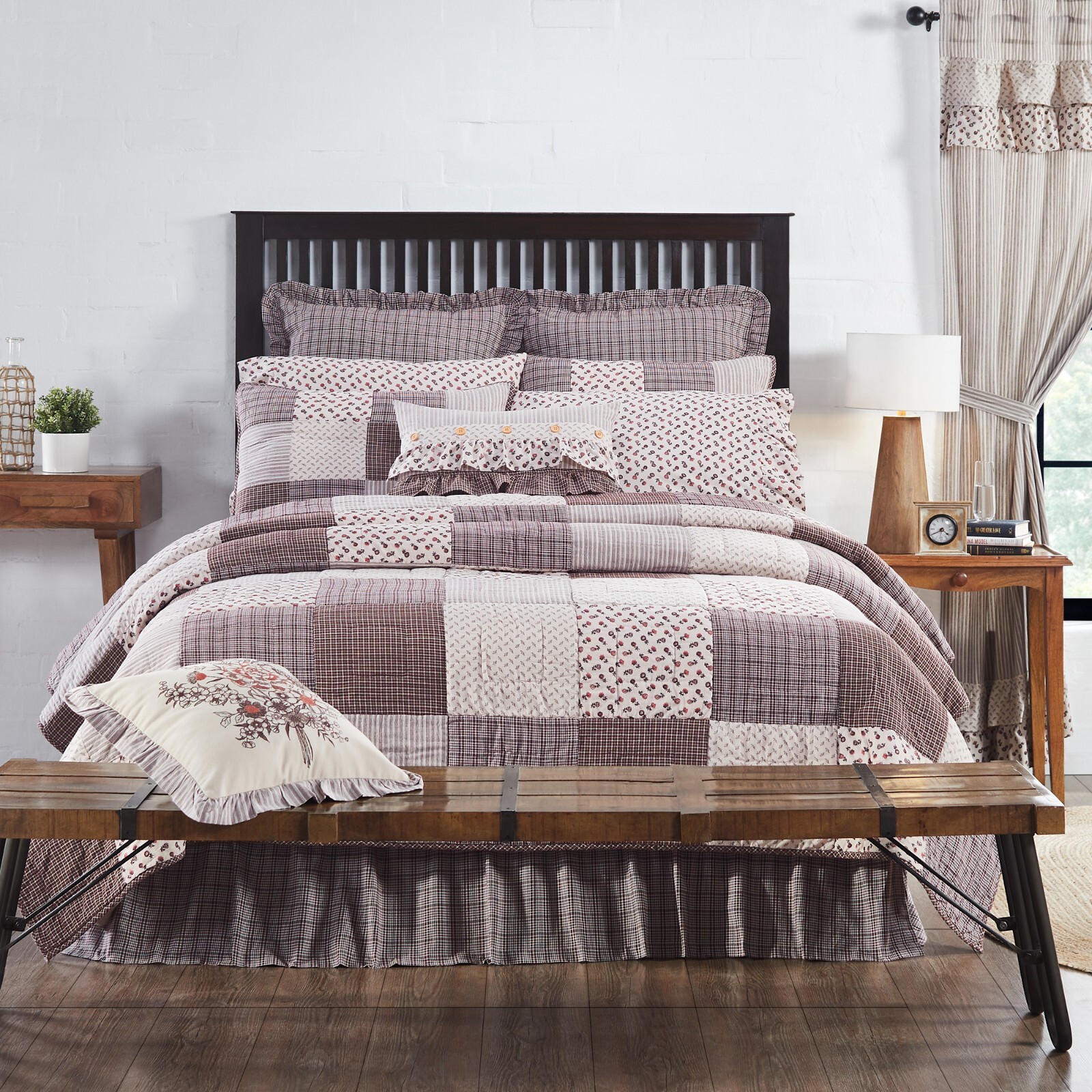 Florette Twin QUILT Hand Quilted Cotton Block Patchwork Taupe Brown Red VHC gallery