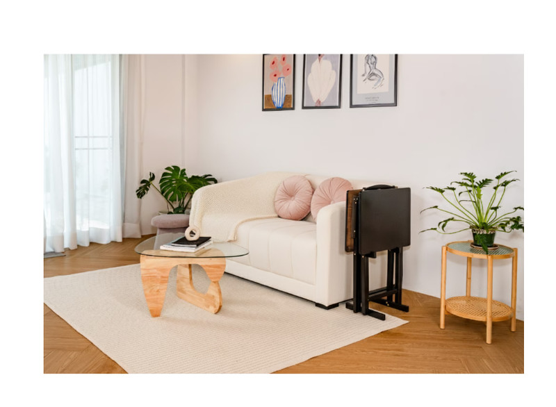 Rubberwood Folding TV Tray Table Set 2Pc Black with Storage Rack gallery