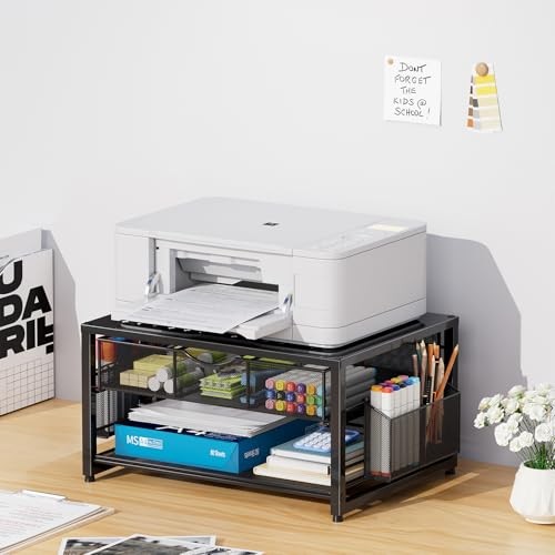 Metal Printer Stand for Desk with Storage Drawer and 2 Pen Holders, 2 Black gallery