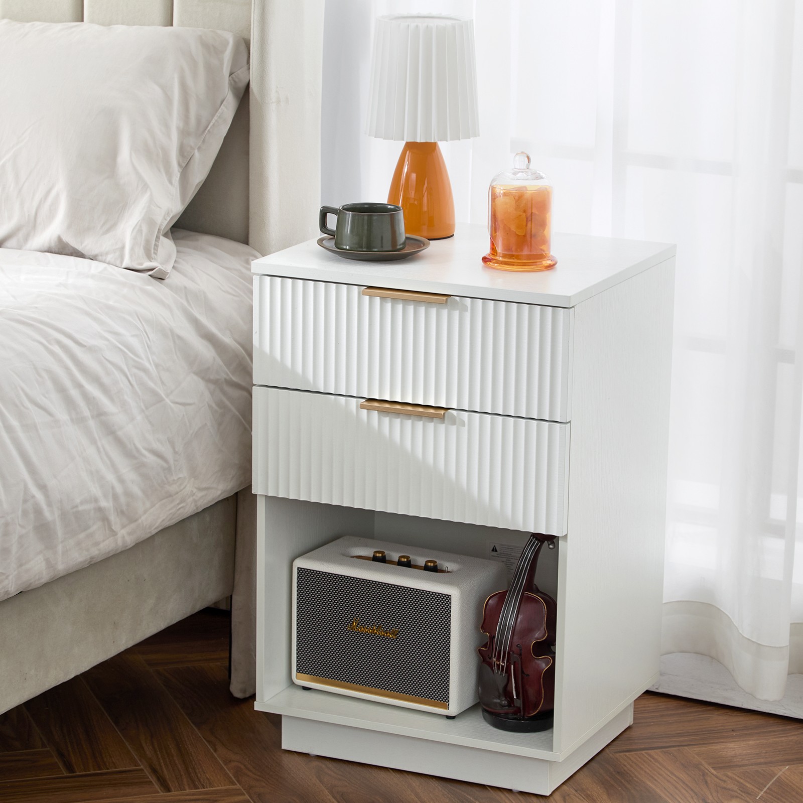 White P2 Density Board Wavy Pattern Drawer Front Two-Drawer Bedside Cabinet gallery
