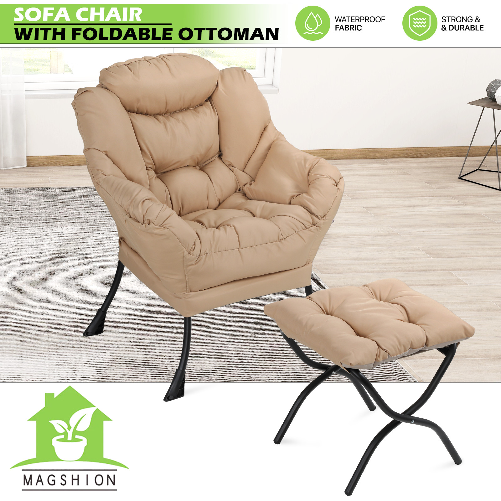Beige Lazy Chair Modern Sofa Chair Recliner Chair Living Room w/Foldable Ottoman gallery