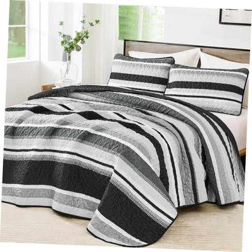 Quilt, 3 Pieces Striped Bedspread Coverlet Set with Shams, King Black gallery