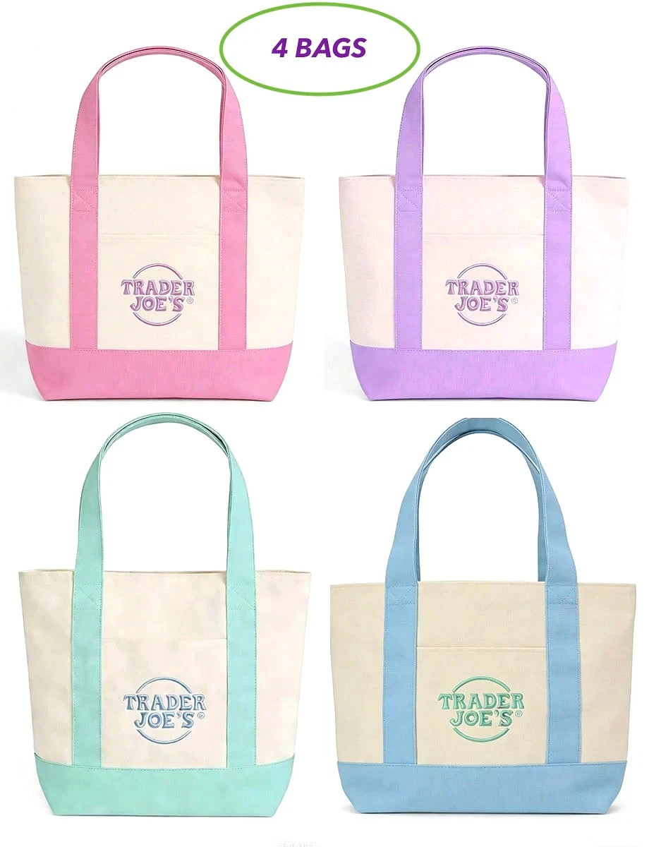 4X TRADER JOE'S MINI PASTEL CANVAS TOTE BAG, NEW SPRING PASTEL COLORS 4 BAGS SET gallery