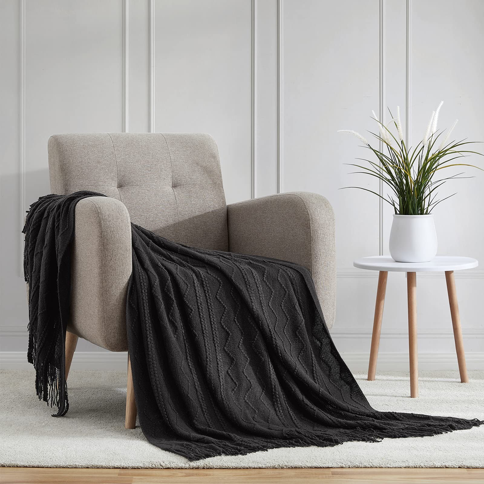 50x60 Inch Black Throw Blanket Textured Solid Soft Sofa Couch Decorative Knit gallery