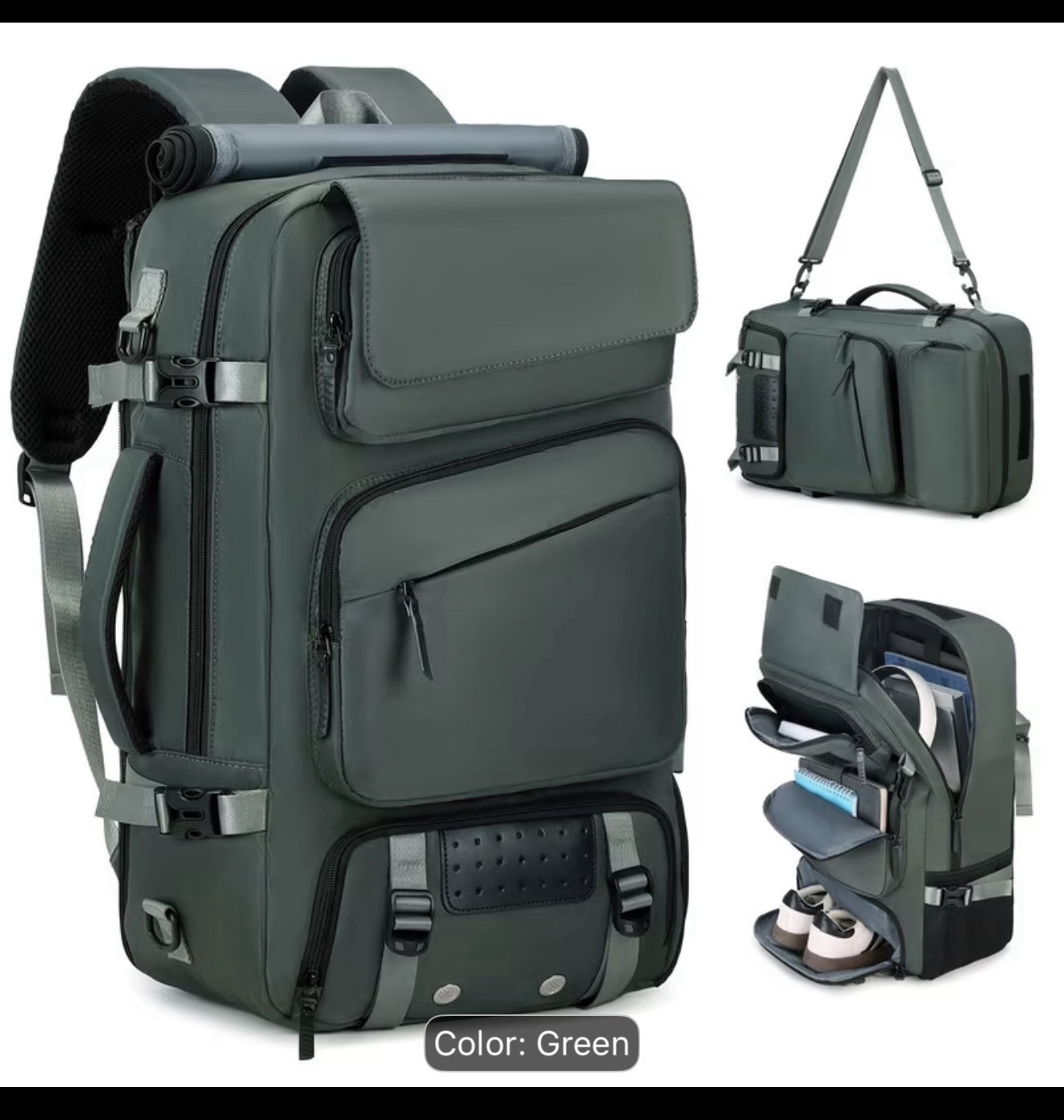 Large Green Hiking Backpack Multi-Layer Storage Shoe Compartment Laptop Sleeve 2