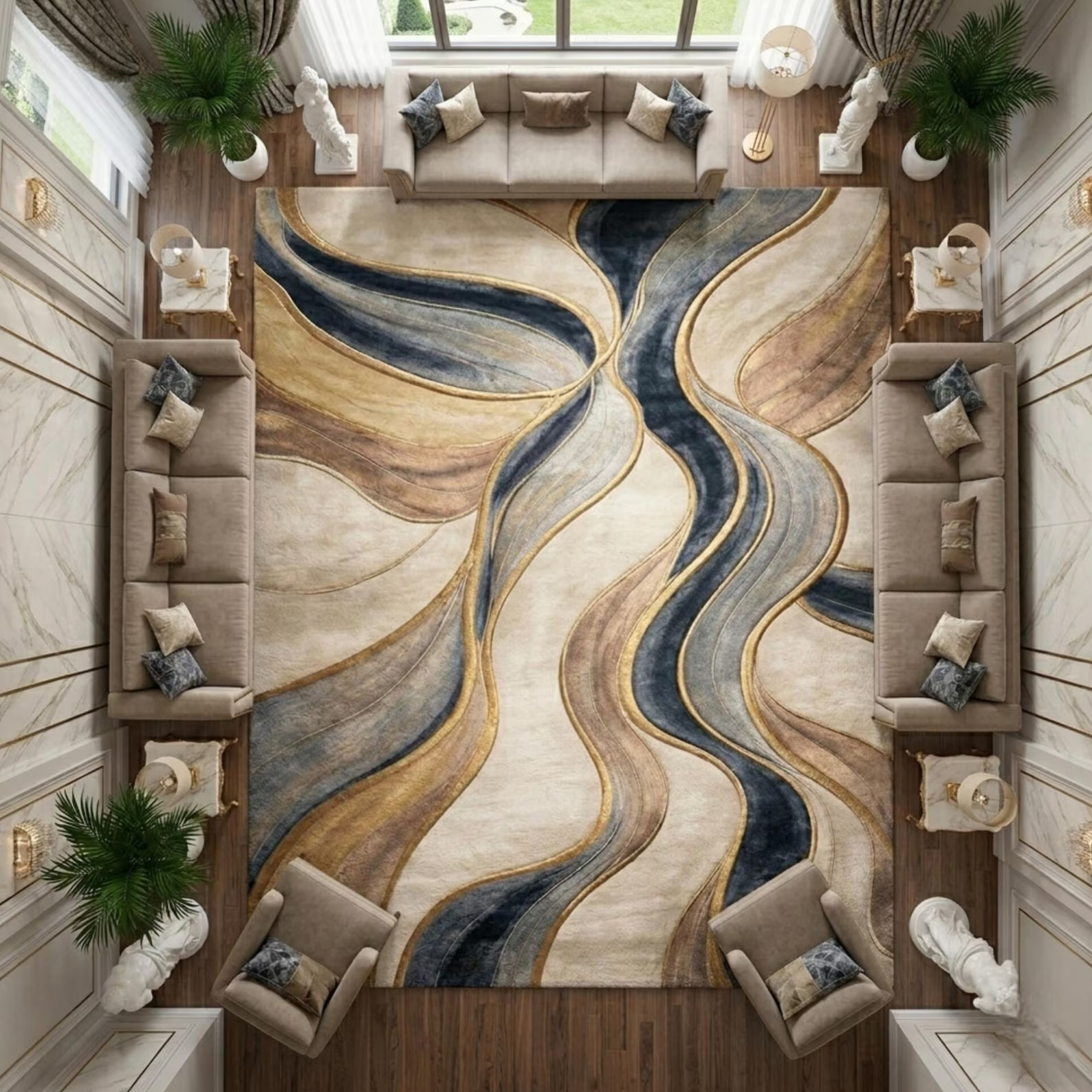 Hand Tufted Abstract Modern Wave Pattern Rug, Neutral Beige Blue Gold Area Rug gallery
