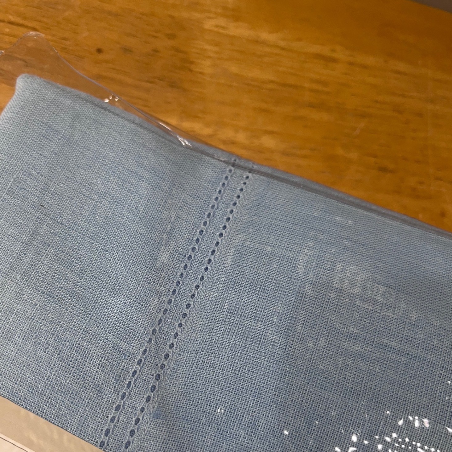 Williams-Sonoma Hemstitched Linen Tablecloth 70x126 Light Blue Vtg Style gallery