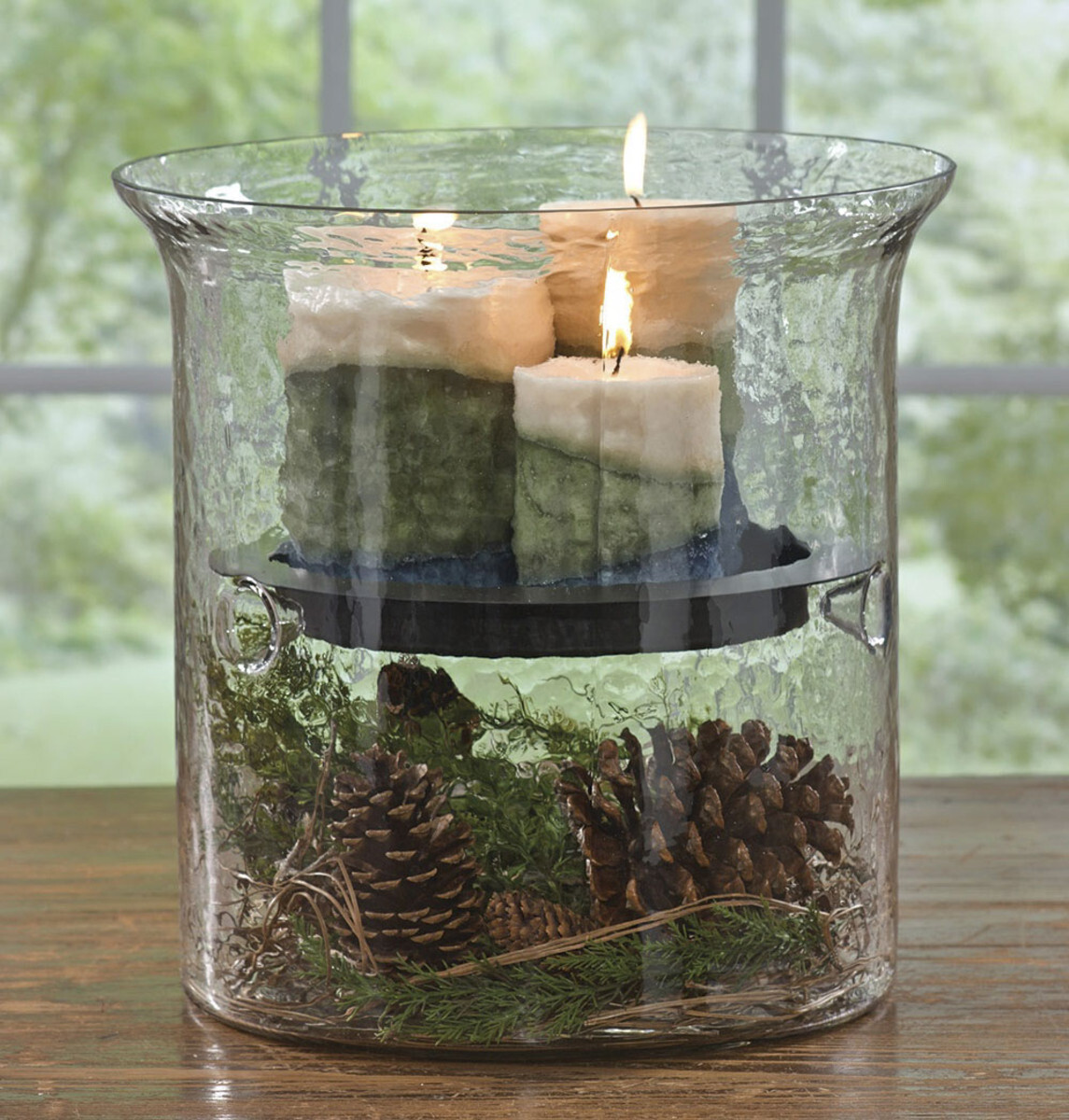 Large Glass Hurricane Candle Holder Hand Blown Metal Insert 13" gallery