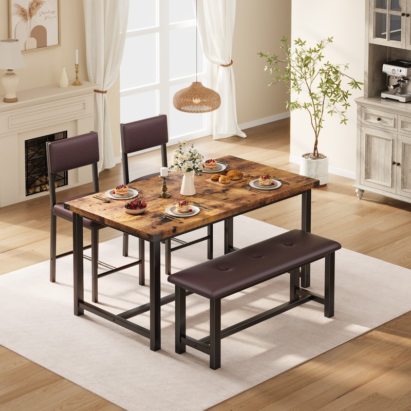 Modern 4-Piece Dining Table Set for 4, Kitchen Table, Bench, 2 Padded Chairs gallery