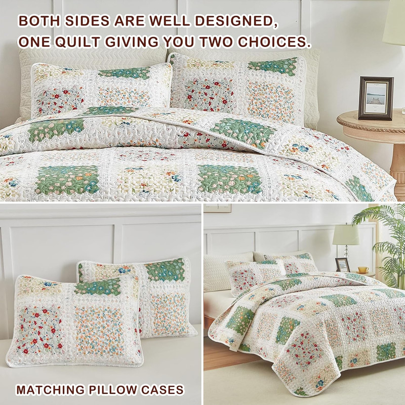 3 Pieces Quilt Set Full/Queen, Patchwork Floral Boho Design, Soft N Cozy Microfi gallery