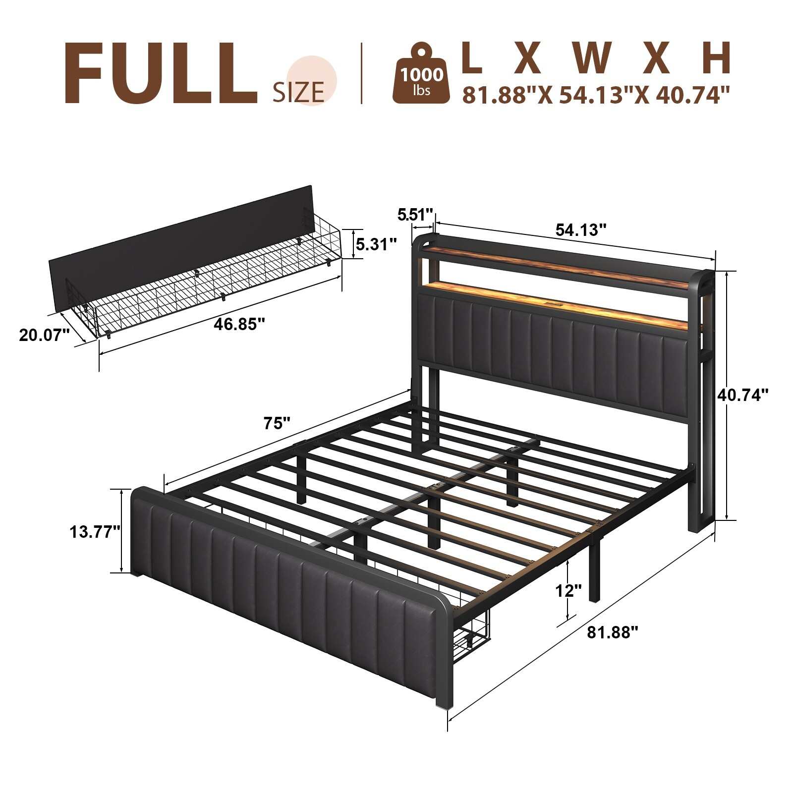 Full Queen Metal Bed Frame with Storage Drawers & Upholstered Storage Headboard gallery