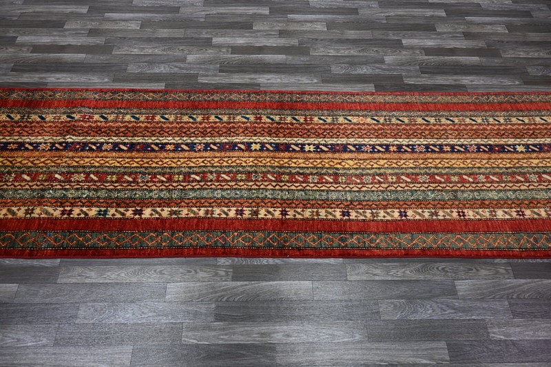 11 ft Red Turkish Shawl Striped Pattern Afghan Hand knotted Tribal Runner Rug gallery
