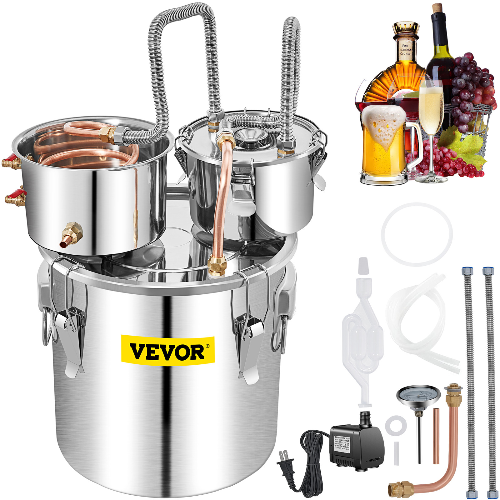 VEVOR Moonshine Still Water Alcohol Distiller 13.2Gal w/Thumper Keg & Water Pump gallery