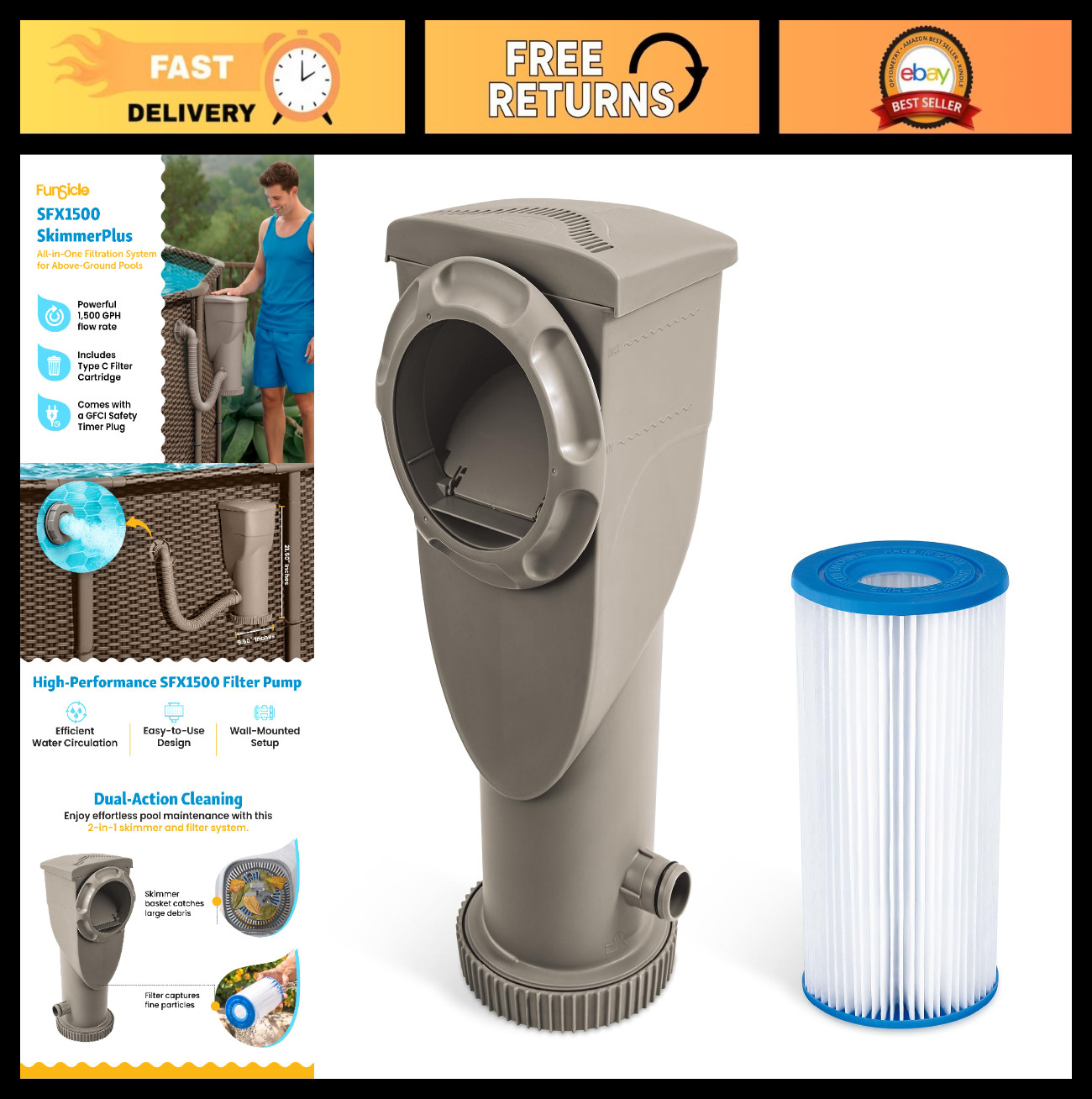 2-in-1 Filter Pump & Skimmer System for Above Ground Pools - 1,500 GPH, Easy Cle gallery