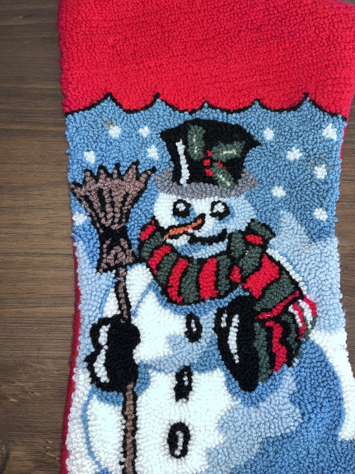 Vintage Christmas Stocking Punch Needle SNOWMAN Red Felt Back Needlepoint 20" gallery