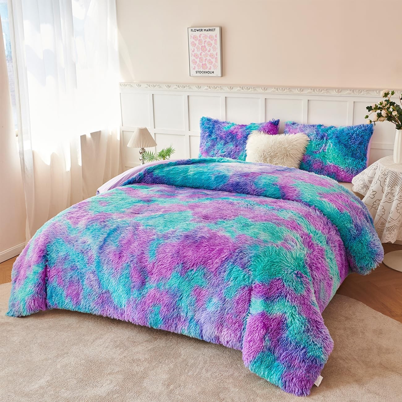 Fuzzy Girls Queen Size Bedding Set 3 Pieces Luxury Purple and Teal Faux Fur F... gallery