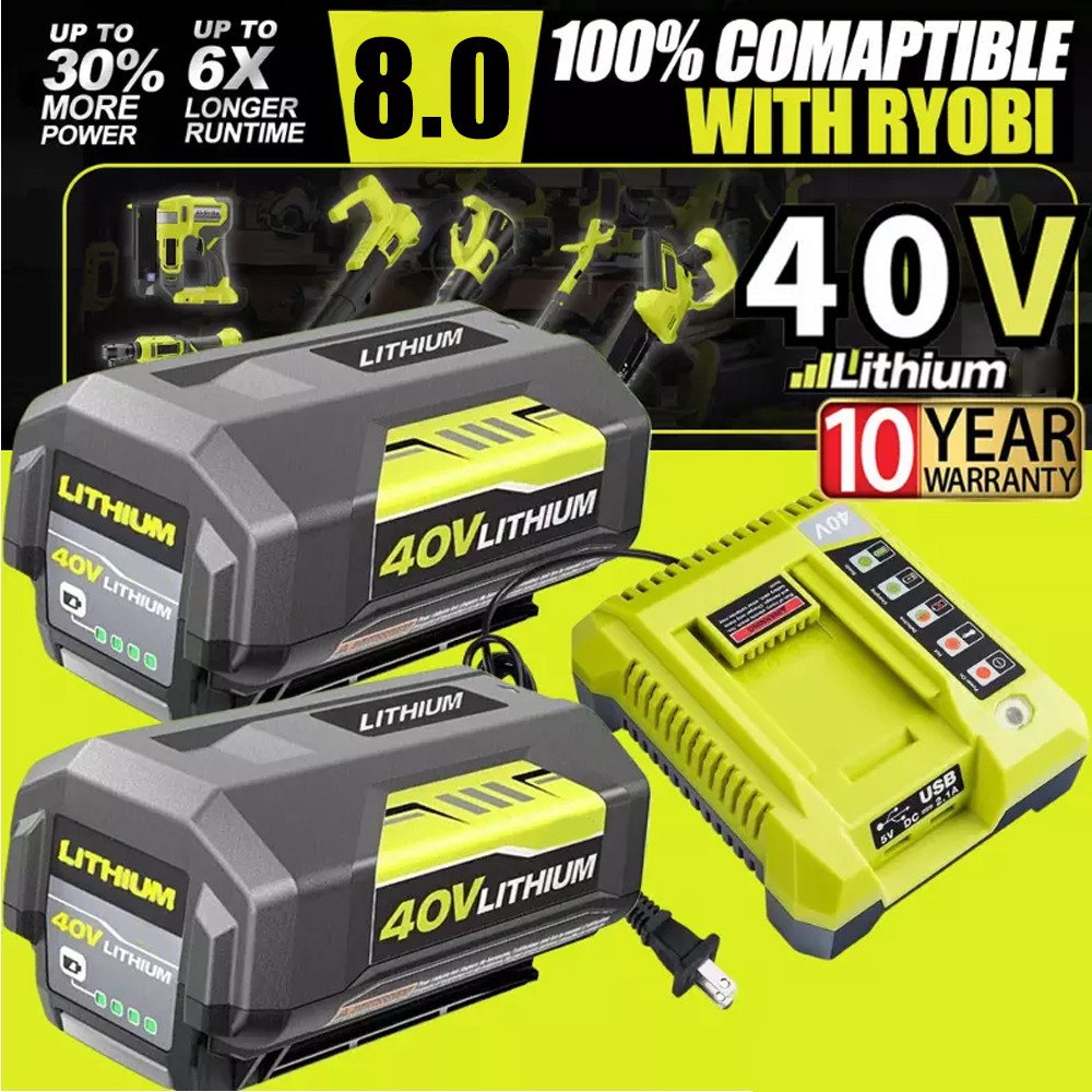 2X Battery & Charger For Ryobi 40V With LED Lithium-Ion 40-Volt OP406VNM OP40602 gallery